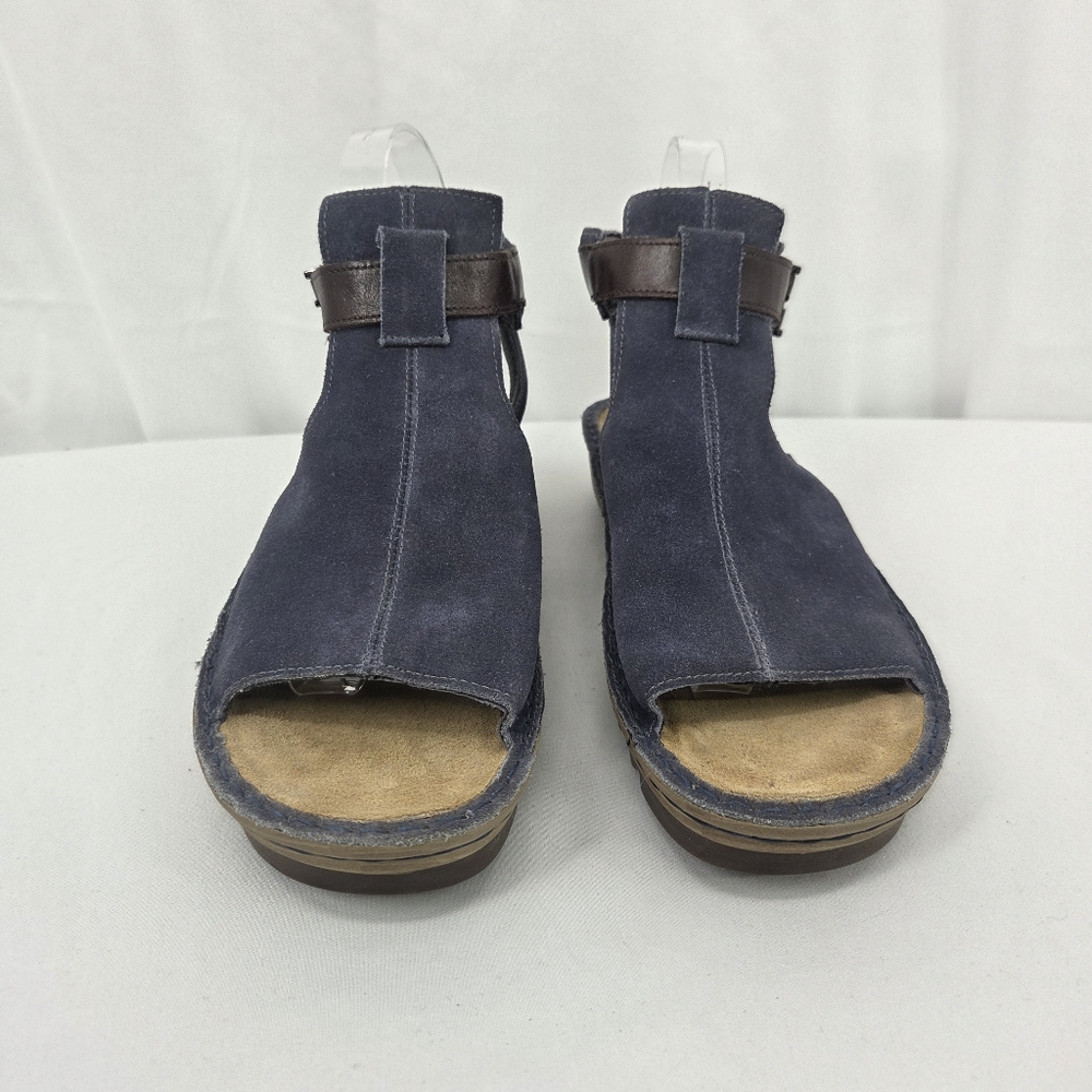 Naot Navy Suede T-Strap Sandals with Brown Strap - Picture 3 of 10